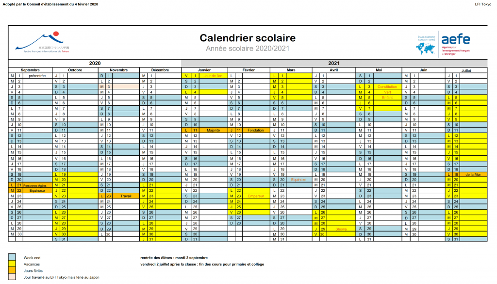 Calendrier Scolaire 2020-2021